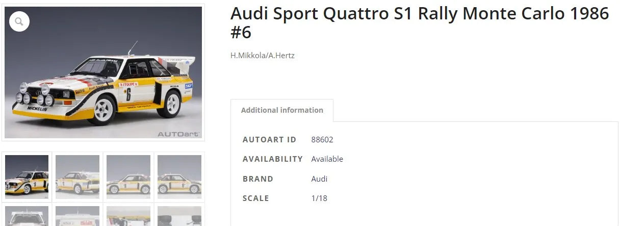 [SuperDetailed] 1:18 Audi Sport Quattro S1 Rally 1985-1987 Racing Car Model – Static Collectible