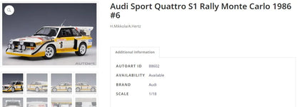 [SuperDetailed] 1:18 Audi Sport Quattro S1 Rally 1985-1987 Racing Car Model – Static Collectible