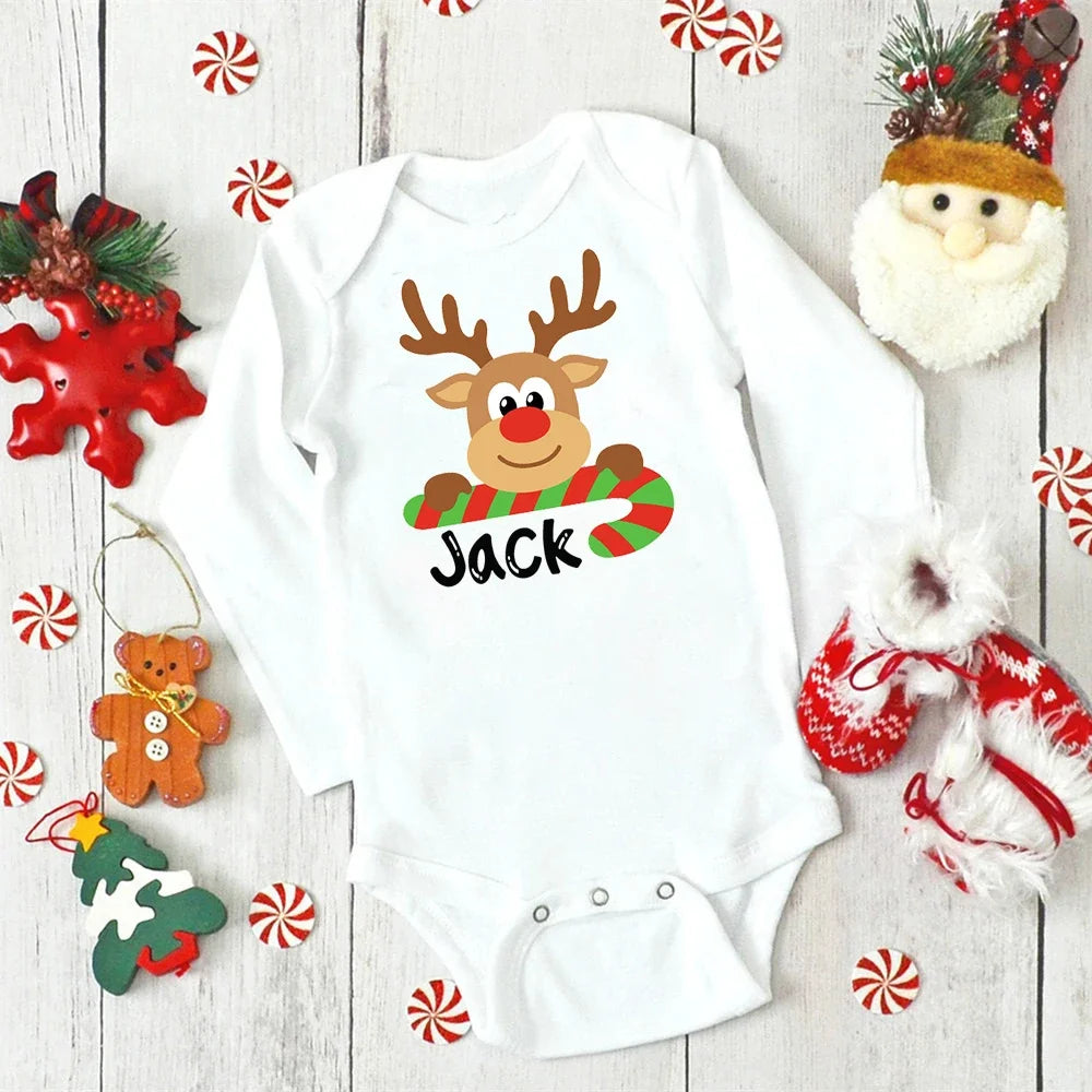 Personalised Baby Christmas Bodysuit – Custom Name Deer Design Jumpsuit (0-24 Months)