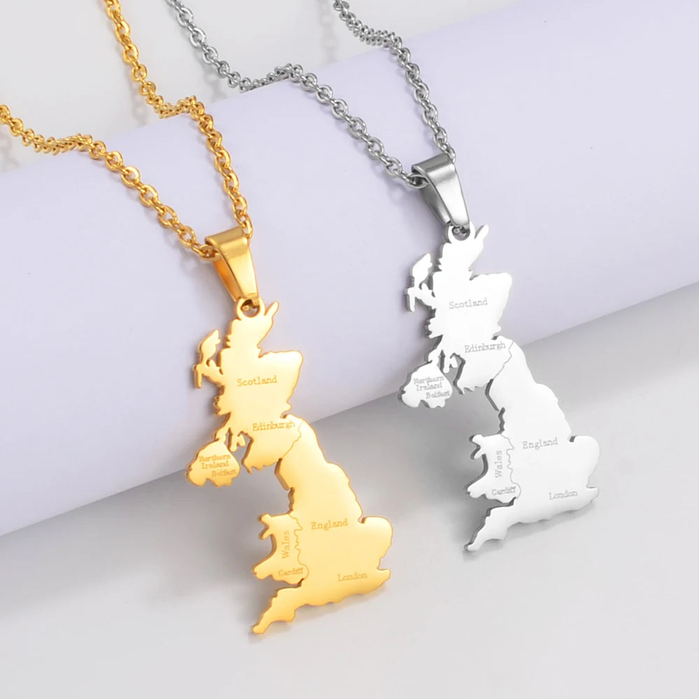 United Kingdom Great Britain Map Pendant Necklace – Stainless Steel Jewellery for Women and Girls