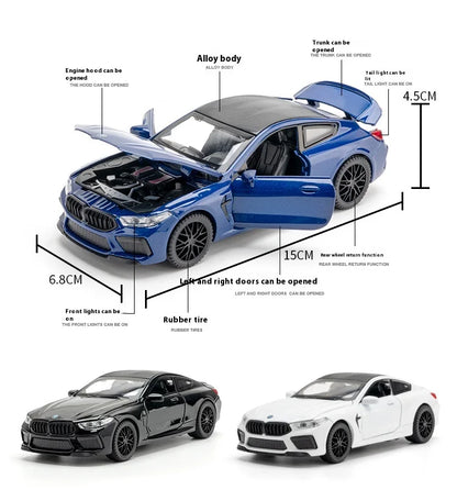 1:32 BMW M8 Die-Cast Model Car – Sound & Light with Spring-Back Action