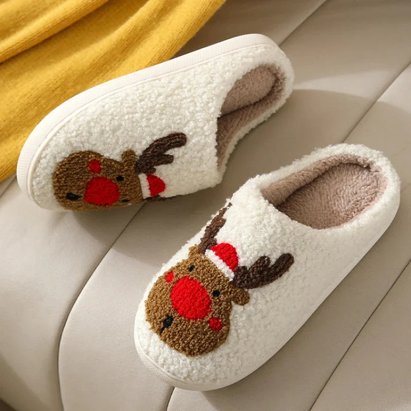 Christmas Elk Cotton Slippers – Cute Plush Non-Slip Indoor Shoes for Men and Women