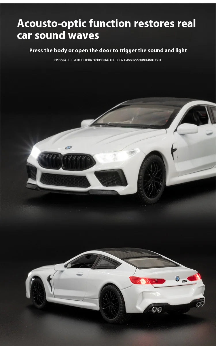 1:32 BMW M8 Die-Cast Model Car – Sound & Light with Spring-Back Action