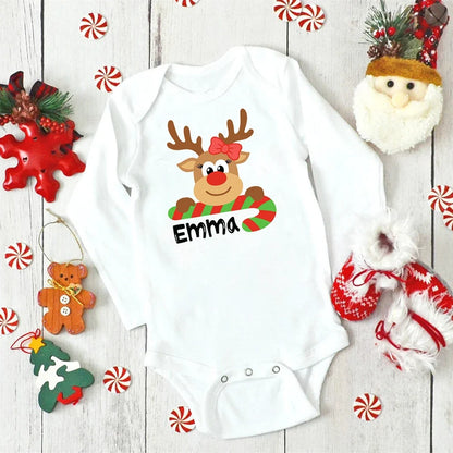 Personalised Baby Christmas Bodysuit – Custom Name Deer Design Jumpsuit (0-24 Months)