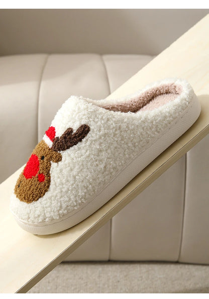 Christmas Elk Cotton Slippers – Cute Plush Non-Slip Indoor Shoes for Men and Women