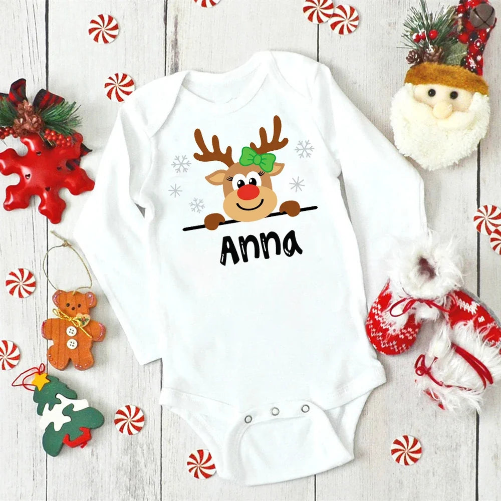 Personalised Baby Christmas Bodysuit – Custom Name Deer Design Jumpsuit (0-24 Months)