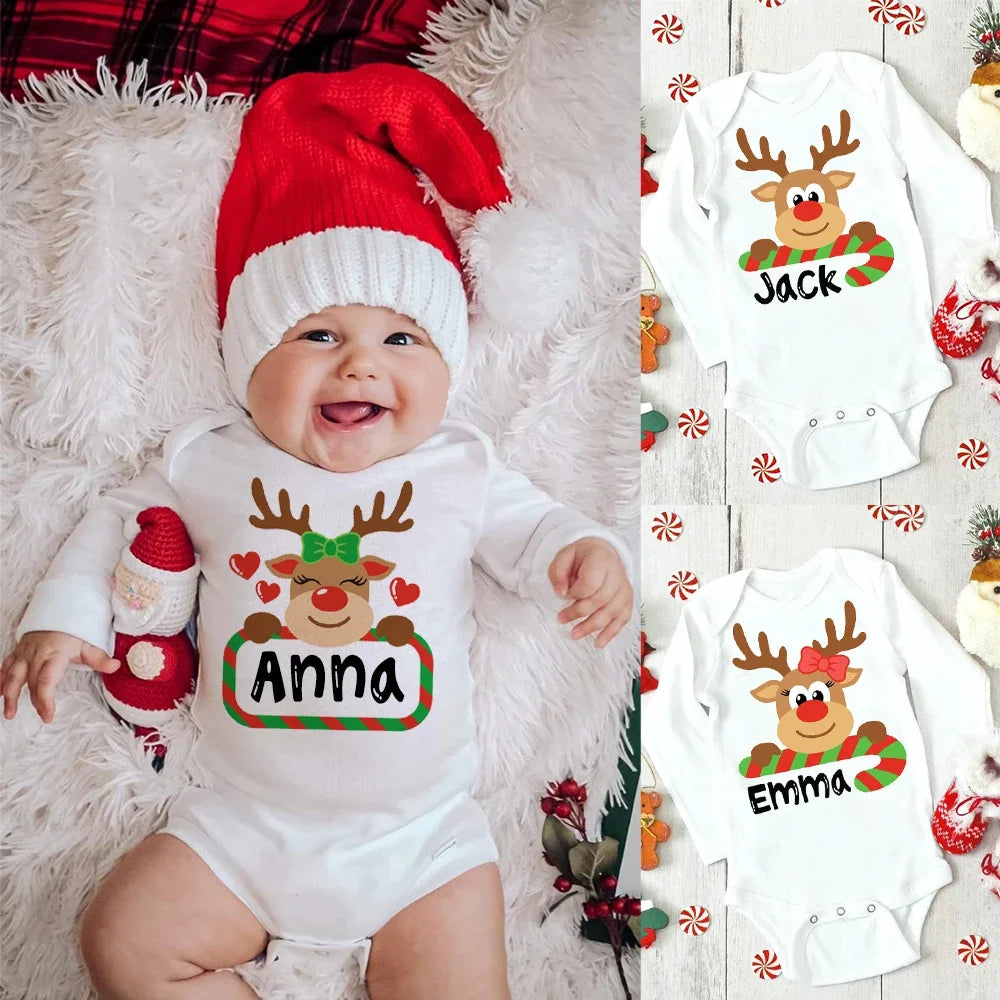 Personalised Baby Christmas Bodysuit – Custom Name Deer Design Jumpsuit (0-24 Months)