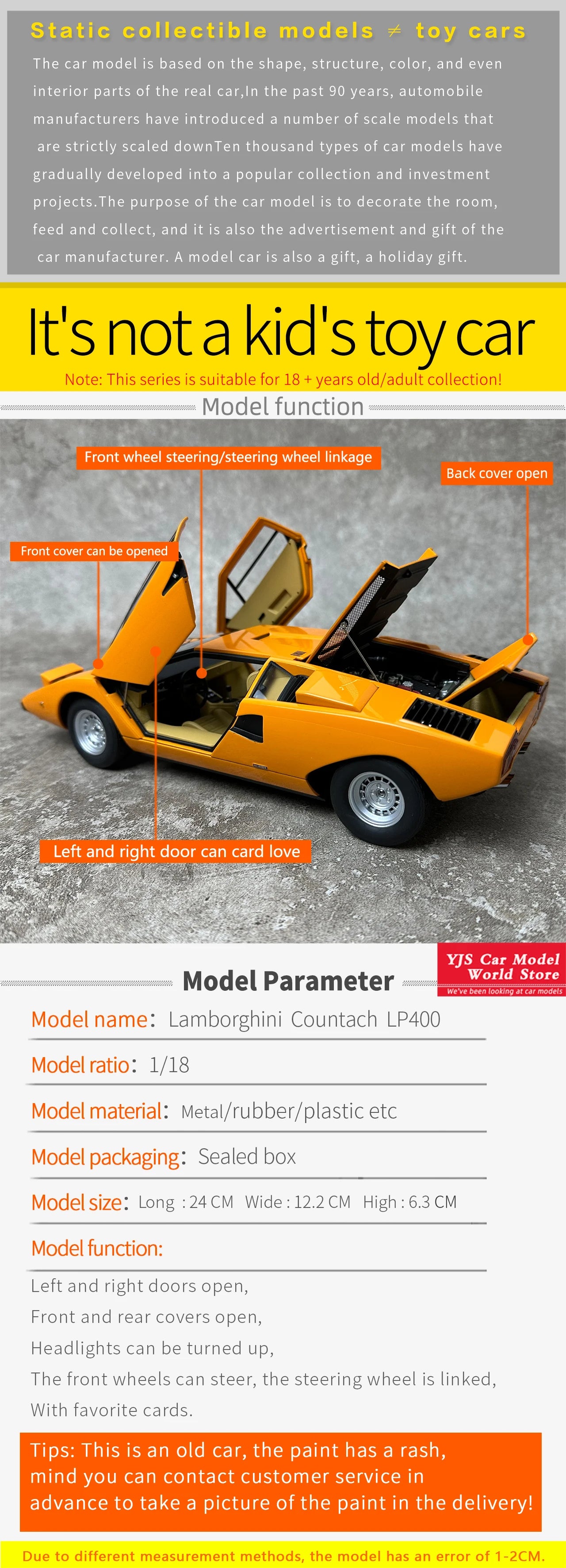 [SuperDetailed] 1:18 Lamborghini Countach LP400 Die-Cast Model Car – Sports Car Collectible