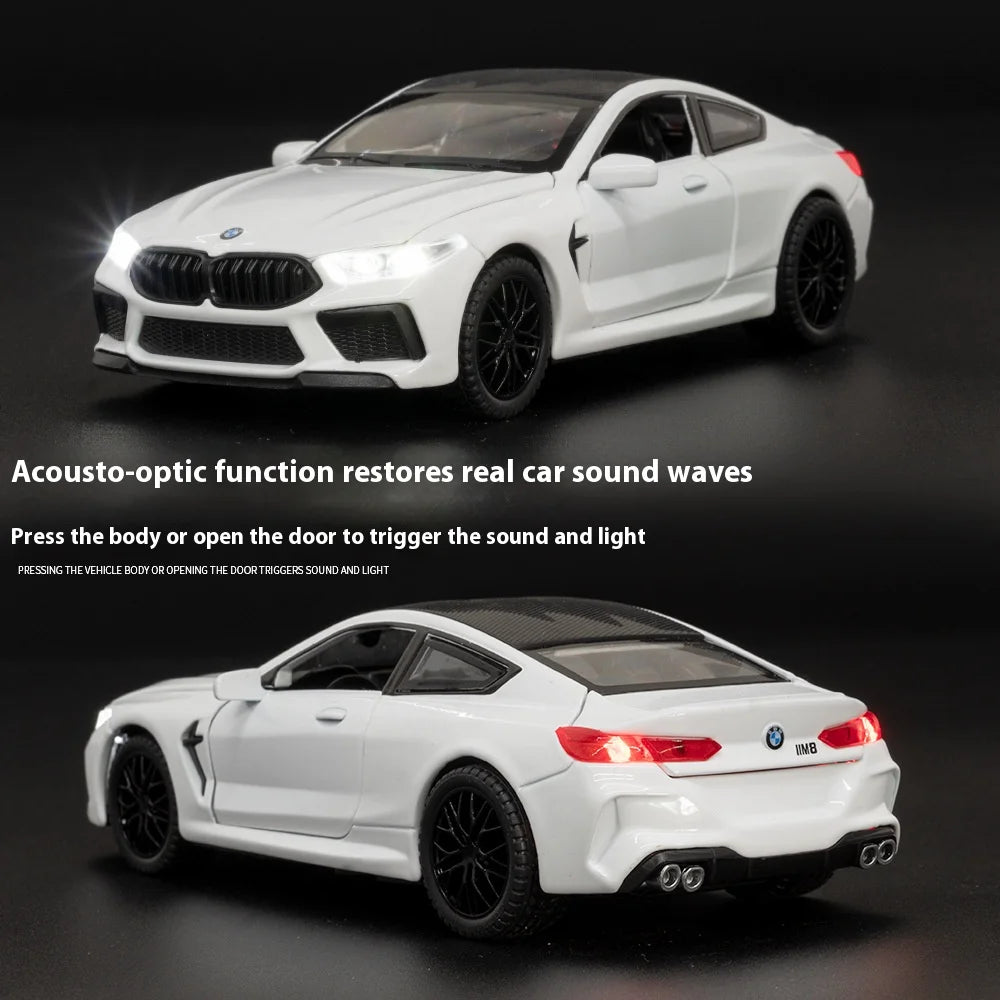 1:32 BMW M8 Die-Cast Model Car – Sound & Light with Spring-Back Action