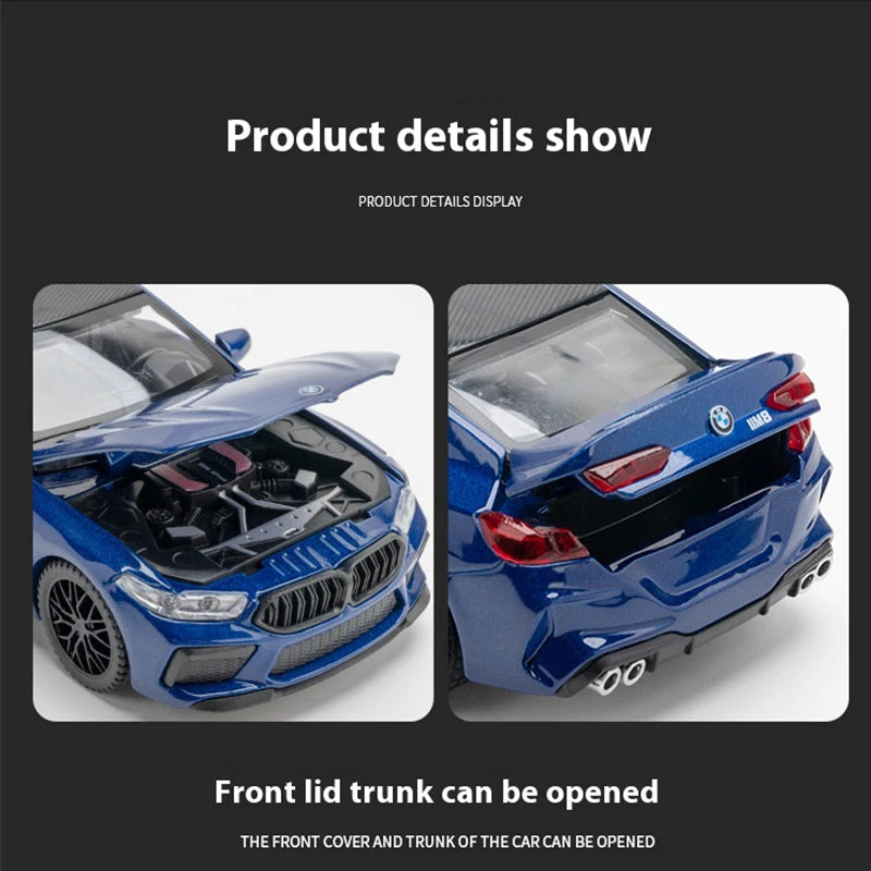 1:32 BMW M8 Die-Cast Model Car – Sound & Light with Spring-Back Action