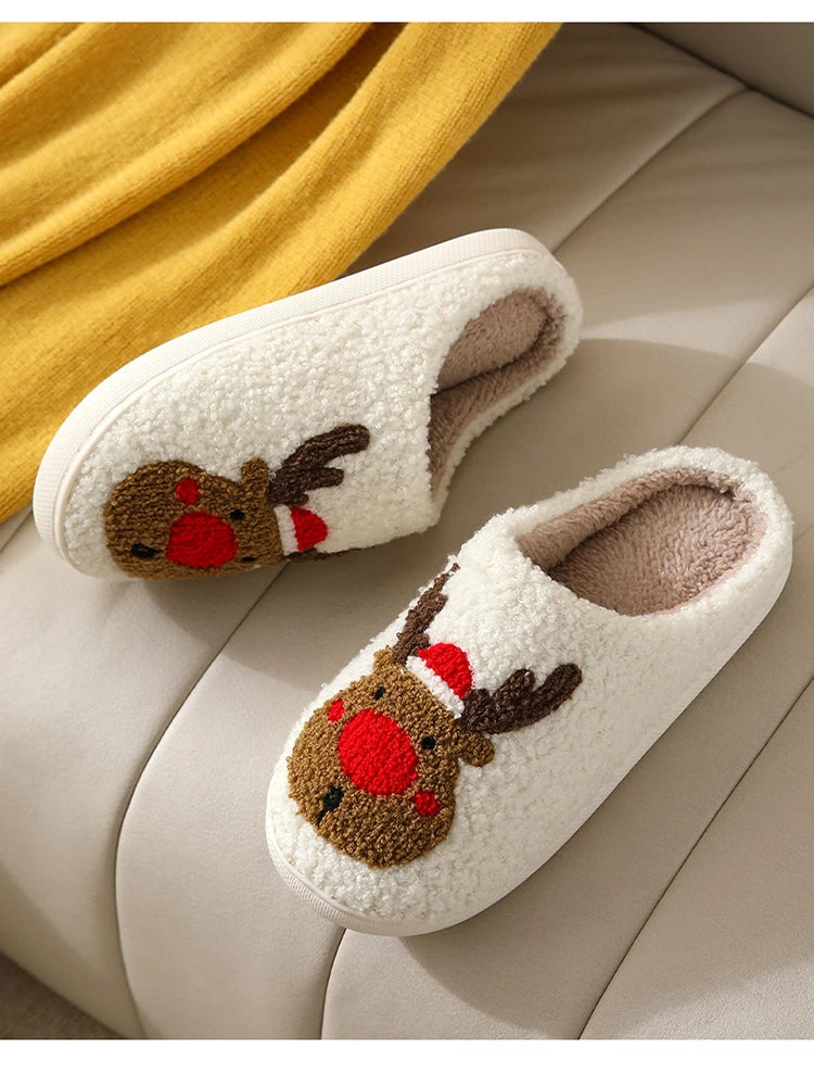 Christmas Elk Cotton Slippers – Cute Plush Non-Slip Indoor Shoes for Men and Women