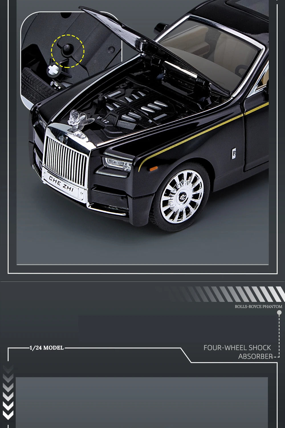 1:24 Rolls Royce Phantom Die-Cast Model Car – Pull-Back Toy with Sound & Light