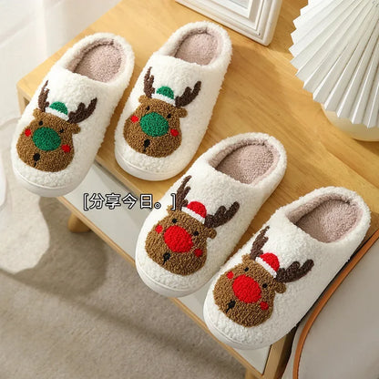 Christmas Elk Cotton Slippers – Cute Plush Non-Slip Indoor Shoes for Men and Women