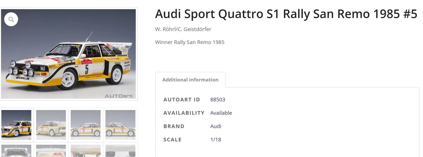 [SuperDetailed] 1:18 Audi Sport Quattro S1 Rally 1985-1987 Racing Car Model – Static Collectible