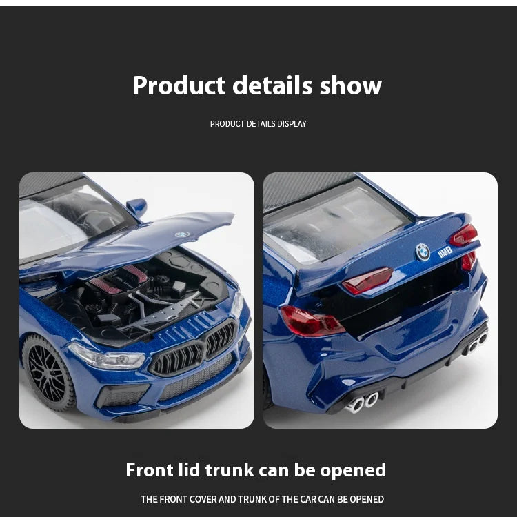 1:32 BMW M8 Die-Cast Model Car – Sound & Light with Spring-Back Action