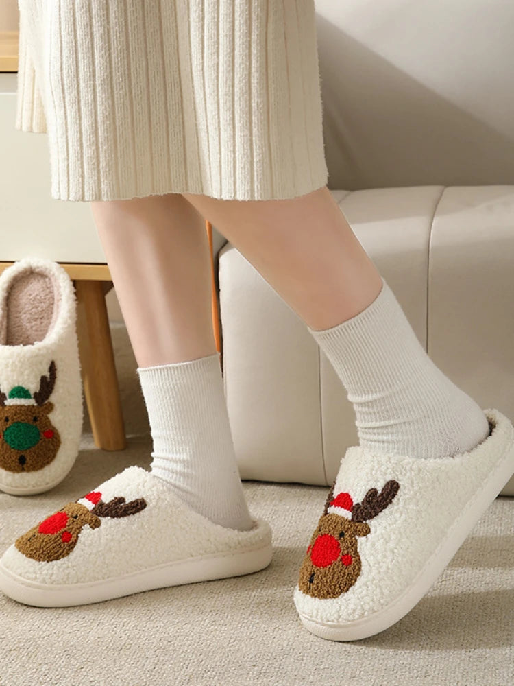 Christmas Elk Cotton Slippers – Cute Plush Non-Slip Indoor Shoes for Men and Women