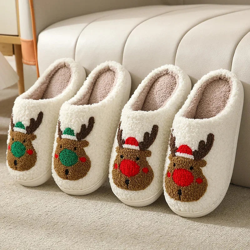 Christmas Elk Cotton Slippers – Cute Plush Non-Slip Indoor Shoes for Men and Women