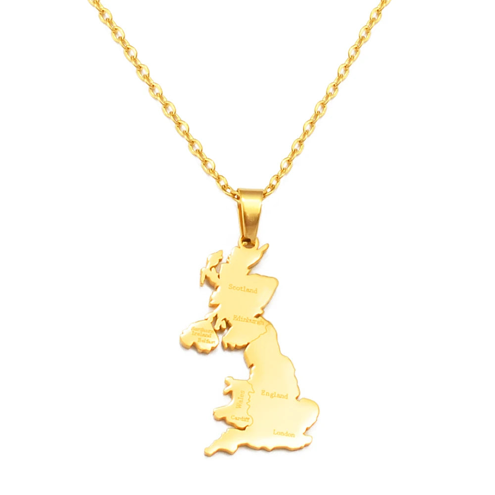 United Kingdom Great Britain Map Pendant Necklace – Stainless Steel Jewellery for Women and Girls