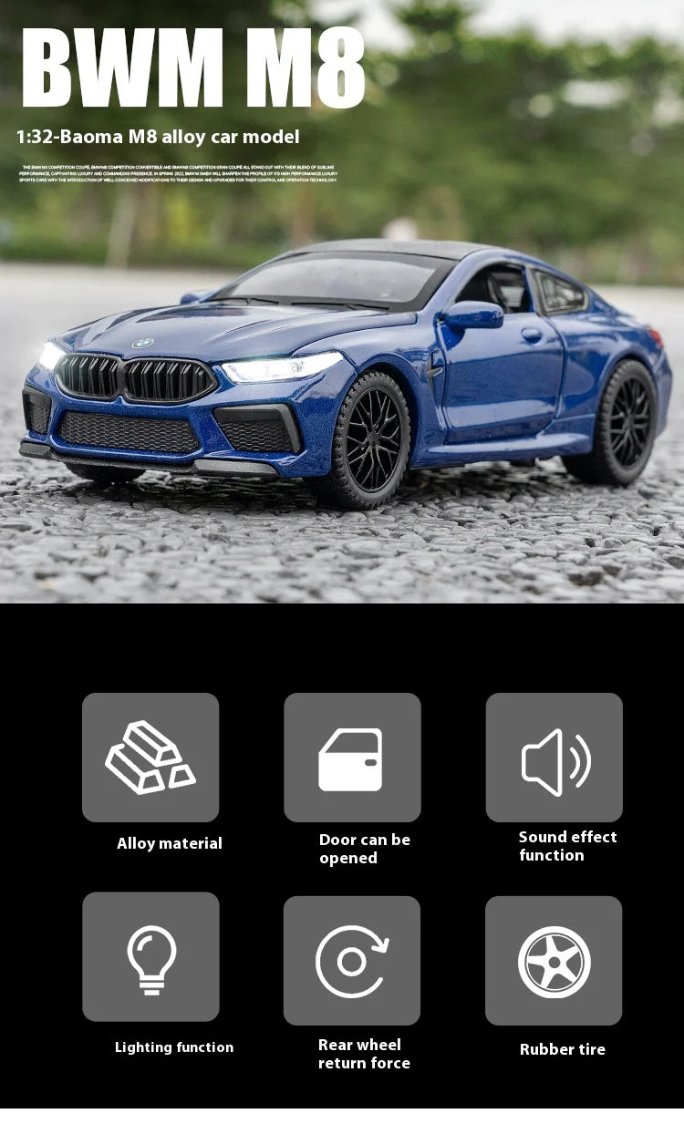 1:32 BMW M8 Die-Cast Model Car – Sound & Light with Spring-Back Action