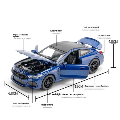 1:32 BMW M8 Die-Cast Model Car – Sound & Light with Spring-Back Action